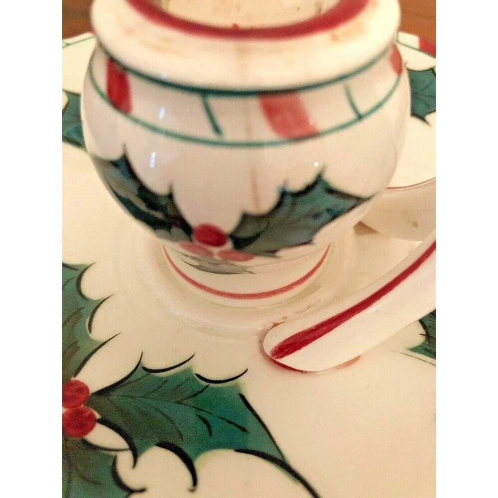 Lefton Christmas Candle Holder Vintage Hand Painted Holly Berry Finger Loop